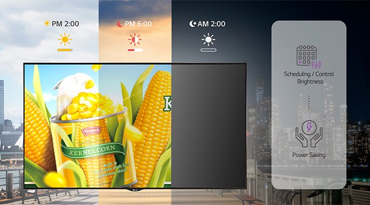 Grâce au LG SuperSign CMS, la luminosité de l’affichage peut être ajustée en fonction des conditions d’éclairage externe pour optimiser la consommation électrique. La fonctionnalité de programmation est utilisée pour ajuster la luminosité, en maintenant une luminosité maximale à 14 h et en la réduisant progressivement lorsqu’elle devient plus sombre à 18 h. L’image montre également que l’alimentation peut être coupée à 2 h du matin.