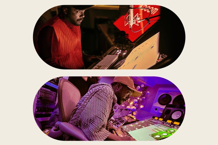 Sur l’image supérieure, will.i.am travaille dans un studio d’enregistrement portant un gilet rouge et regardant un écran devant lui. Sur l’image du bas, will.i.am travaille aussi dans un studio en regardant l’écran avec des fenêtres vertes dessus.