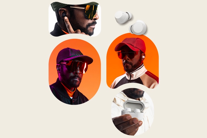 En haut à gauche, will.i.am regarde encore sur son côté gauche, portant des lunettes de soleil et pointant avec l’index des écouteurs dans son oreille. En haut à droite, des images de deux écouteurs blancs. Au milieu à gauche, l’image de will.i.am de face, avec des écouteurs, une casquette et des lunettes de soleil. Au milieu à droite, une autre image de will.i.am porte également des écouteurs, des écouteurs et des lunettes de soleil. En-dessous, le boîtier des xboom Buds, avec des écouteurs à l’intérieur, dans la main de will.i.am.