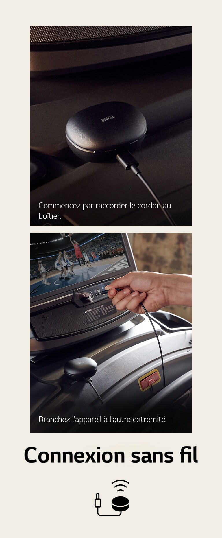 Les écouteurs TONE Free fit sont connectés au cordon de connexion sans fil. Une personne connecte ses écouteurs TONE Free fit à un tapis de course avec le cordon de connexion sans fil. Un homme utilise le tapis de course en portant ses écouteurs TONE Free fit et peut écouter grâce à la connexion sans fil.