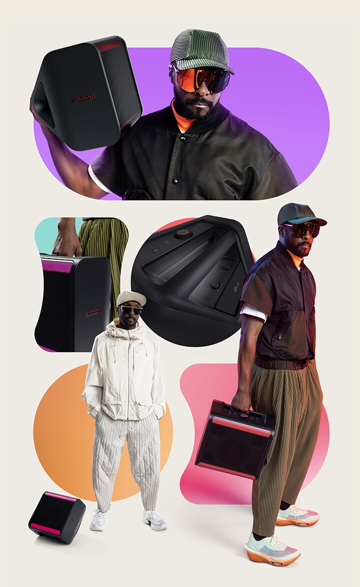 Au-dessus, on voit will.i.am en tenue noire qui tient la xboom Stage 301 sur son épaule. Au milieu, l’image partielle de la xboom Stage 301 tenue par une main se trouve à gauche tandis que l’image en gros plan de sa poignée se trouve à droite. En bas à gauche, will.i.am en tenue blanche se trouve juste à côté de la xboom Stage 301 au sol. En bas à droite, will.i.am tient la xboom Stage 301 avec sa main droite.