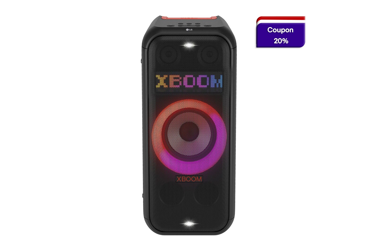Vista Frontal com todas as luzes acesas. No painel Dynamic Pixel Lighting, aparece o texto: XBOOM.