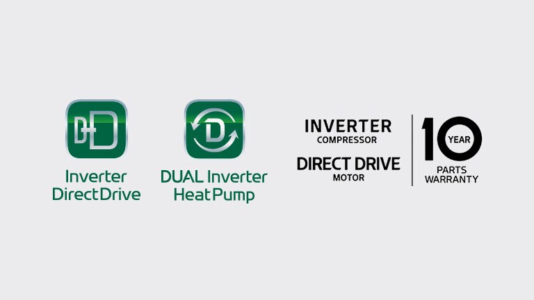 Logo Inverter Direct Drive et logo de garantie de 10 ans.