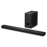 Vue inclinée de la LG Soundbar S90TY et du caisson de basse