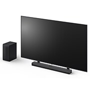 Vue inclinée de la LG Soundbar S70TY et du caisson de basse