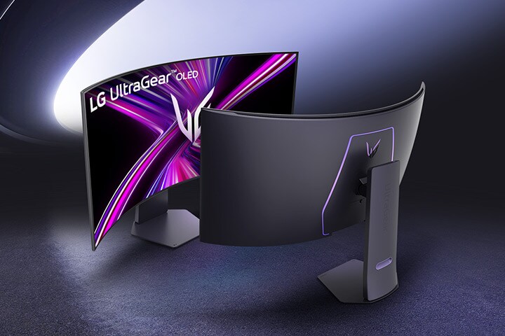 Vues avant et arrière du moniteur LG UltraGear OLED avec un design incurvé et une finition élégante.