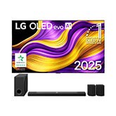 Front view of LG OLED evo AI G5 4K Smart TV. 12 Years of world number 1 OLED emblem and LG OLED evo AI 2025 logo are on the screen.