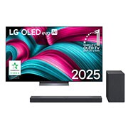 Front view of LG OLED evo AI C5 4K Smart TV. 12 Years of world number 1 OLED emblem and LG OLED evo AI 2025 logo are on the screen.
