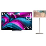 Front view of LG OLED evo AI C5 4K Smart TV. 12 Years of world number 1 OLED emblem and LG OLED evo AI 2025 logo are on the screen.