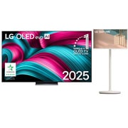 Front view of LG OLED evo AI C5 4K Smart TV. 12 Years of world number 1 OLED emblem and LG OLED evo AI 2025 logo are on the screen.