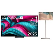 Front view of LG OLED evo AI C5 4K Smart TV. 12 Years of world number 1 OLED emblem and LG OLED evo AI 2025 logo are on the screen.