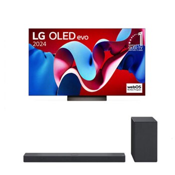 Vue de face avec la TV OLED evo LG, OLED C4, logo de l’emblème OLED numéro 1 dans le monde pendant 11 ans et logo du programme webOS Re:New à l’écran, ainsi que de la barre de son dessous