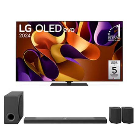 Front view with LG OLED evo TV, OLED G4, 11 Years of world number 1 OLED Emblem, and 5-Year Panel Warranty logo on screen