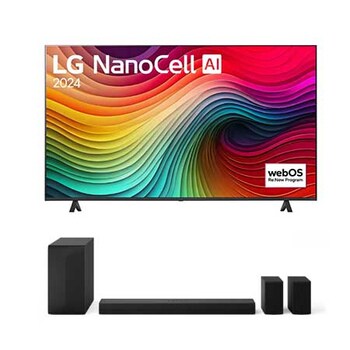 Vue de face du TV LG NanoCell, NANO80 avec le texte LG NanoCell, 2024, et le logo webOS Re:New Program à l’écran.