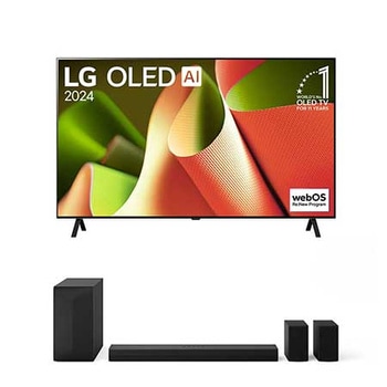 Vue de face avec LG OLED B4, OLED55B46LA, numéro 1 OLED au monde depuis 11 ans et programme webOS Re:New à l'écran, avec barre de son en dessous.