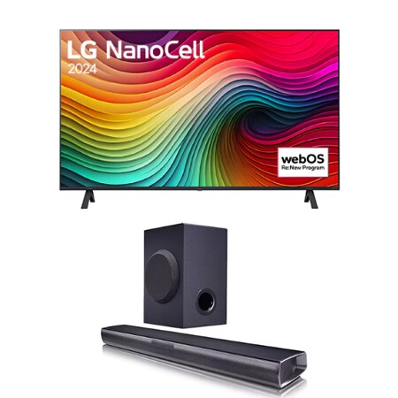 Vue de face du TV LG NanoCell, NANO81 avec le texte LG NanoCell, 2024 et le logo webOS Re:New Program à l’écran.