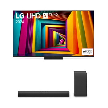 Vue de face du TV LG UHD 4K, série UT91 et de la barre de son S40T