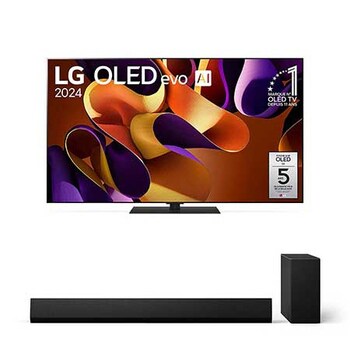 Front view with LG OLED evo TV, OLED G4, 11 Years of world number 1 OLED Emblem, and 5-Year Panel Warranty logo on screen
