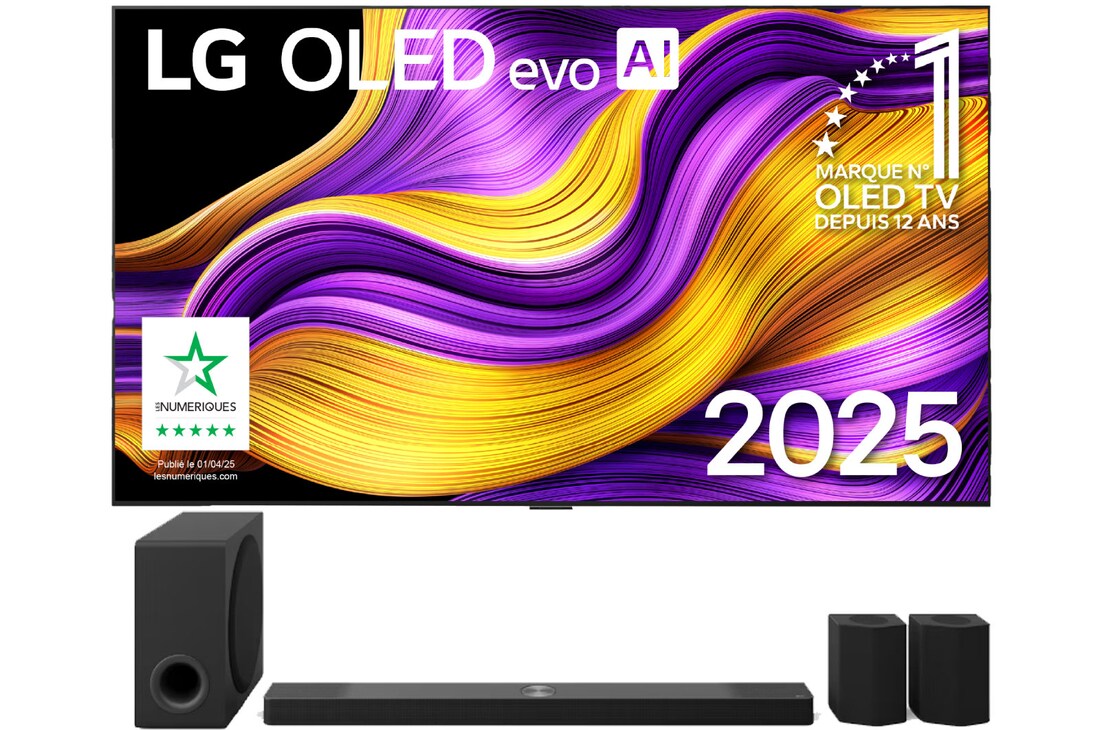 Front view of LG OLED evo AI G5 4K Smart TV. 12 Years of world number 1 OLED emblem and LG OLED evo AI 2025 logo are on the screen.