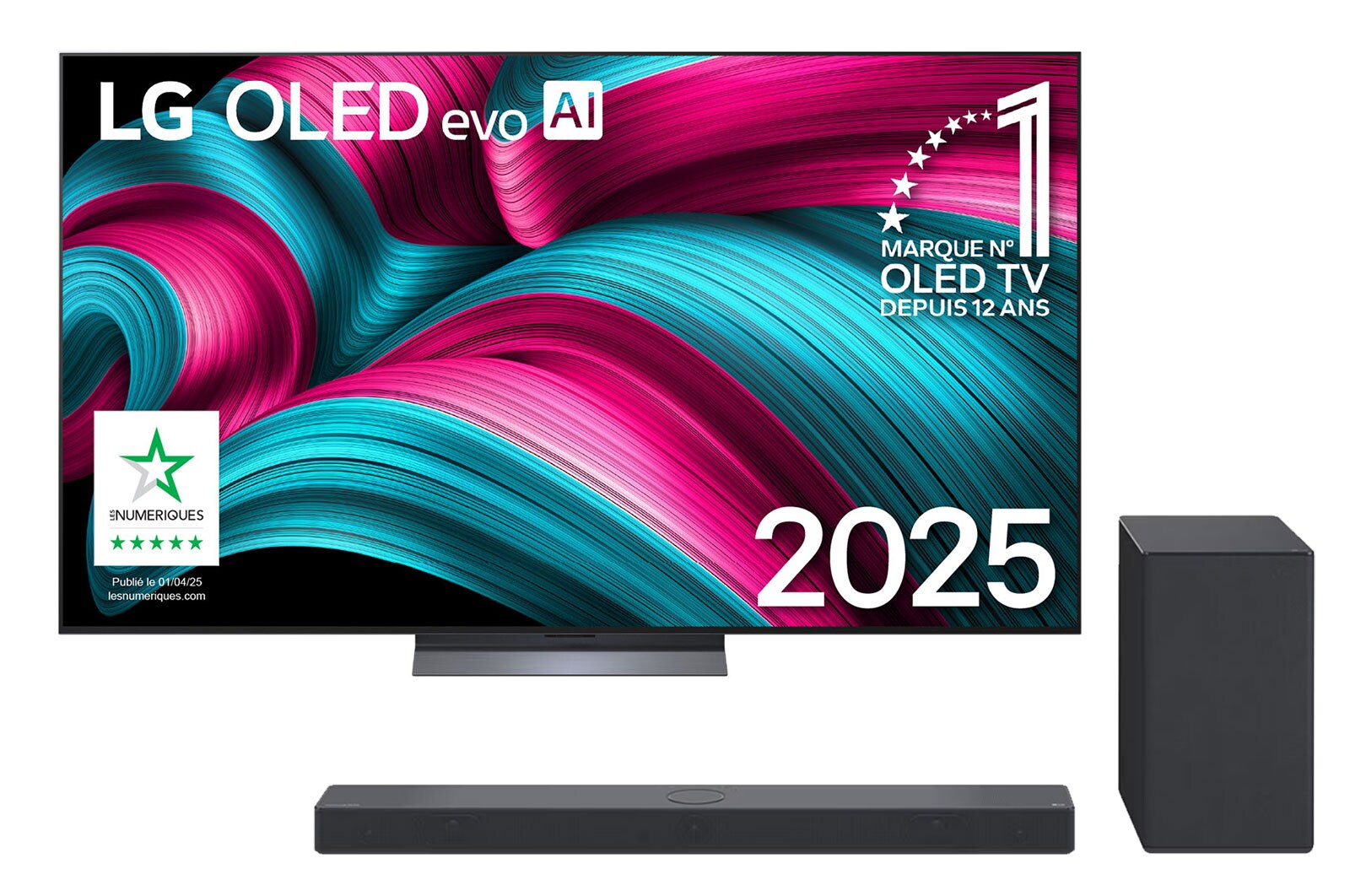Front view of LG OLED evo AI C5 4K Smart TV. 12 Years of world number 1 OLED emblem and LG OLED evo AI 2025 logo are on the screen.