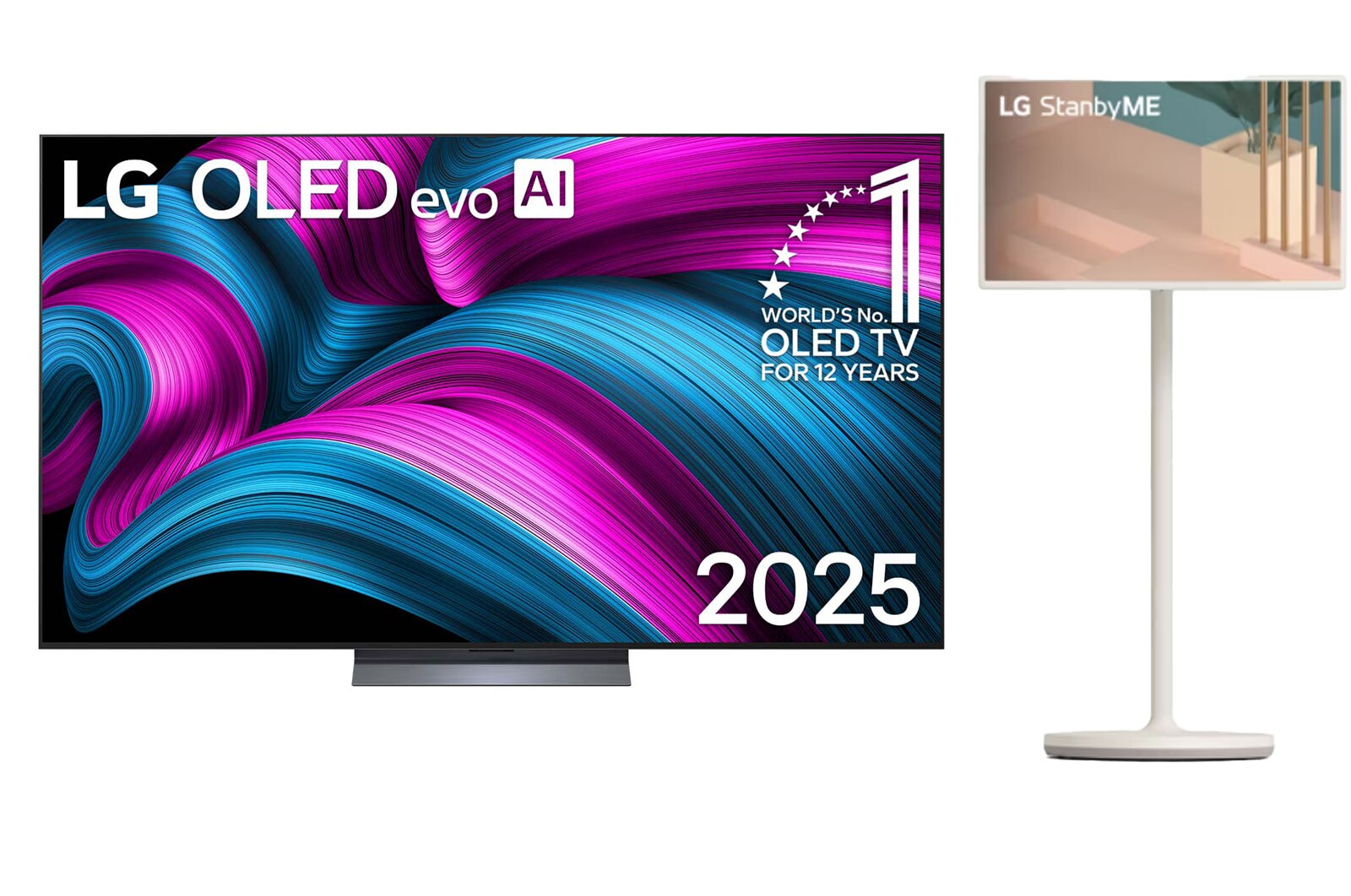 Front view of LG OLED evo AI C5 4K Smart TV. 12 Years of world number 1 OLED emblem and LG OLED evo AI 2025 logo are on the screen.