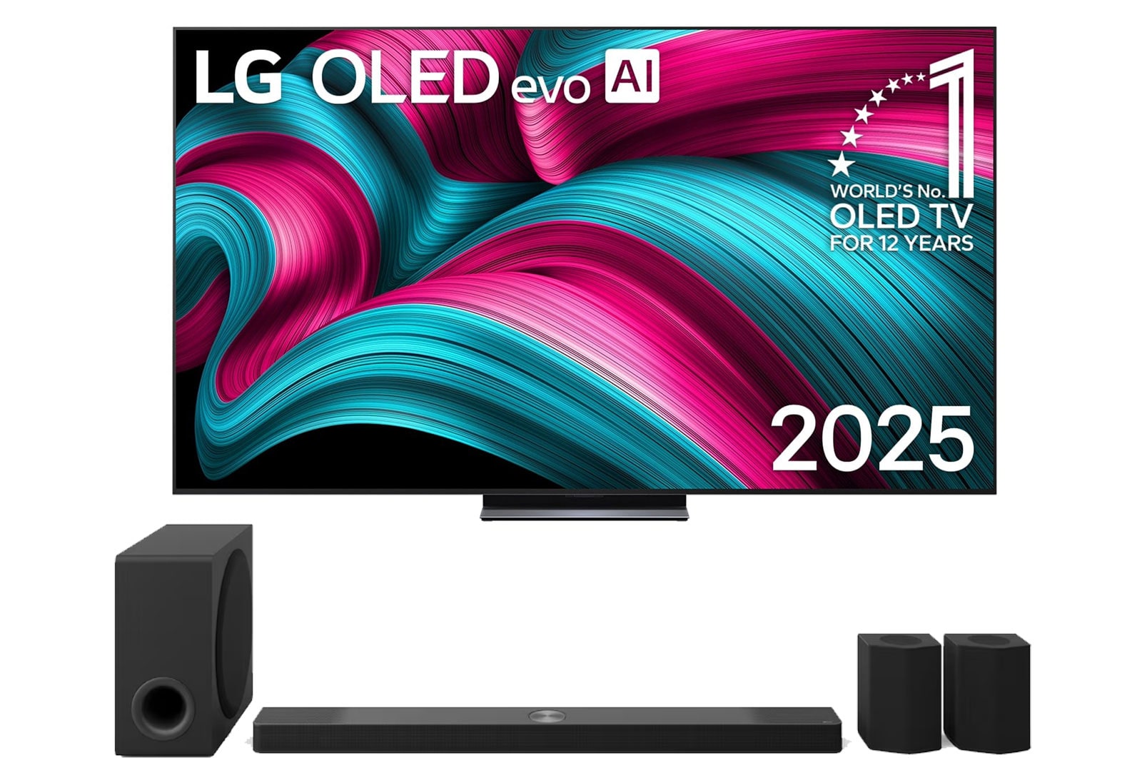 Front view of LG OLED evo AI C5 4K Smart TV. 12 Years of world number 1 OLED emblem and LG OLED evo AI 2025 logo are on the screen.