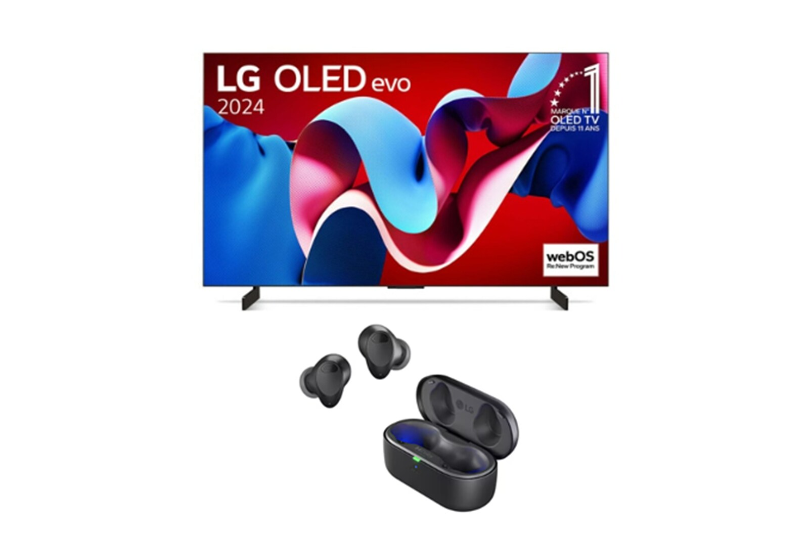 Vue de face avec la TV OLED evo LG, OLED C4, emblème OLED numéro 1 dans le monde pendant 11 ans et logo du programme webOS Re:New à l’écran.
