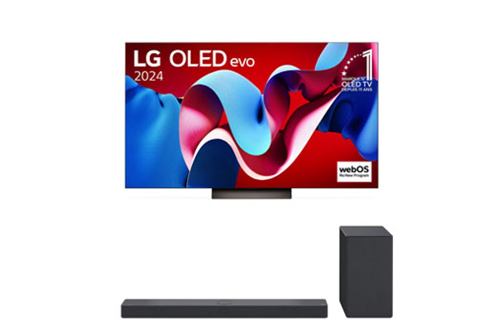 Vue de face avec la TV OLED evo LG, OLED C4, logo de l’emblème OLED numéro 1 dans le monde pendant 11 ans et logo du programme webOS Re:New à l’écran, ainsi que de la barre de son dessous