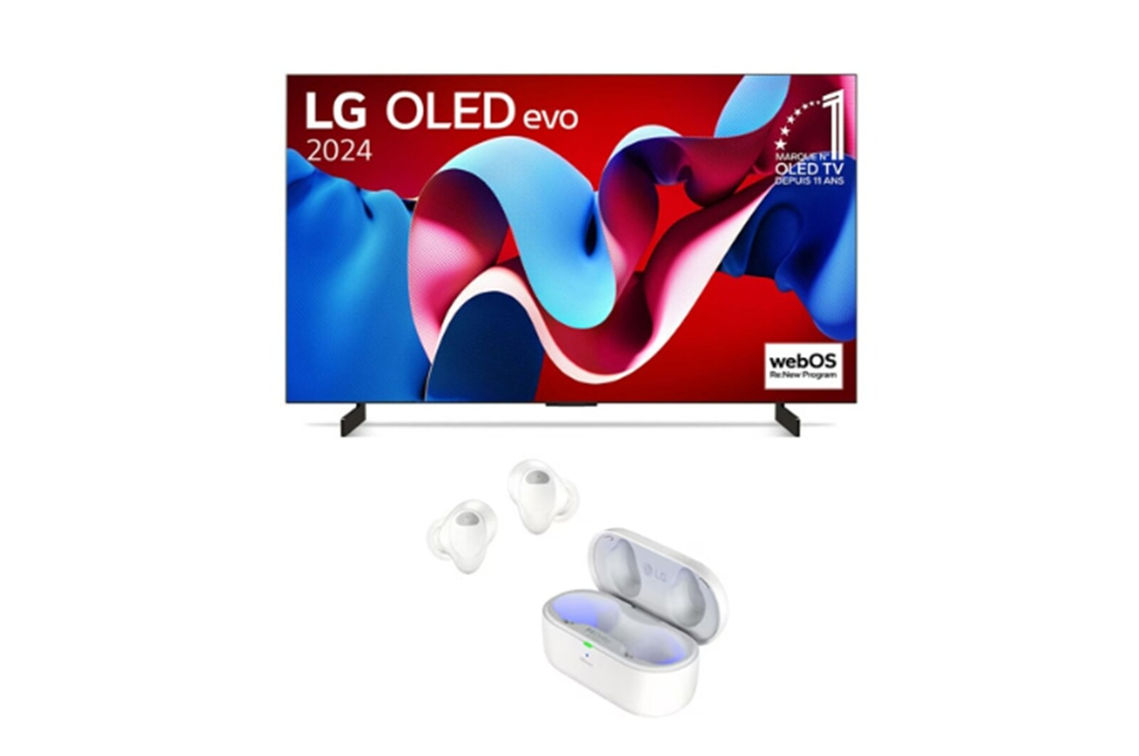 Vue de face avec la TV OLED evo LG, OLED C4, emblème OLED numéro 1 dans le monde pendant 11 ans et logo du programme webOS Re:New à l’écran.