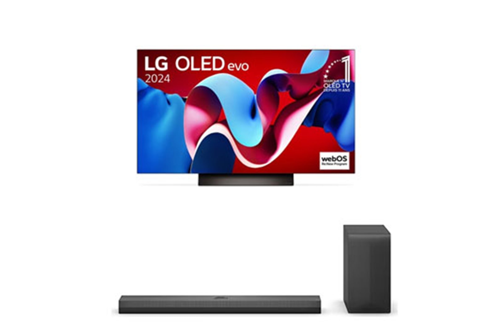 Vue de face avec la TV OLED evo LG, OLED C4, emblème OLED numéro 1 dans le monde pendant 11 ans et logo du programme webOS Re:New à l’écran.