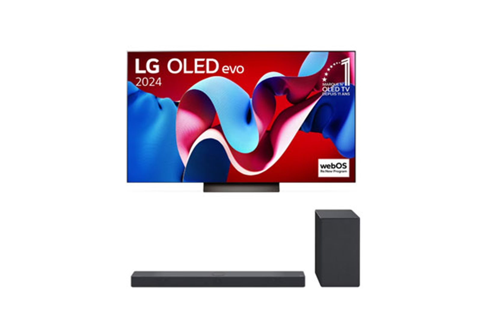 Vue de face avec la TV OLED evo LG, OLED C4, logo de l’emblème OLED numéro 1 dans le monde pendant 11 ans et logo du programme webOS Re:New à l’écran, ainsi que de la barre de son dessous
