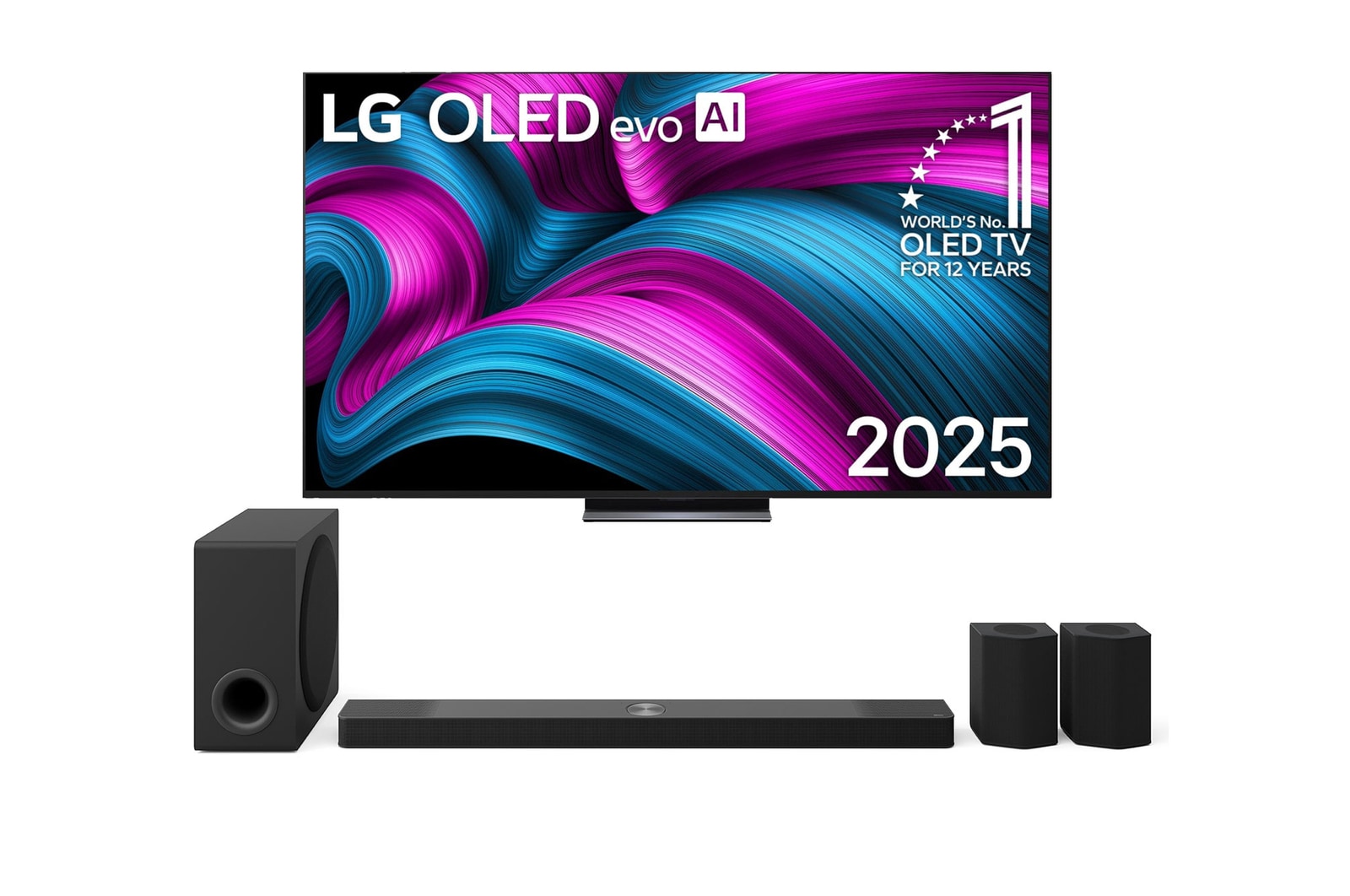 Front view of LG OLED evo AI C5 4K Smart TV. 12 Years of world number 1 OLED emblem and LG OLED evo AI 2025 logo are on the screen.