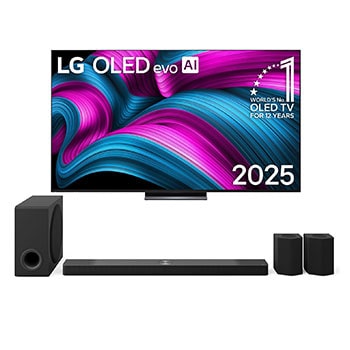 Front view of LG OLED evo AI C5 4K Smart TV. 12 Years of world number 1 OLED emblem and LG OLED evo AI 2025 logo are on the screen.