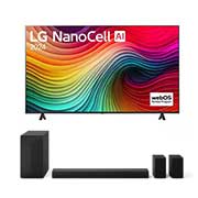 Vue de face du TV LG NanoCell, NANO82 avec le texte LG NanoCell, 2024, et le logo webOS Re:New Program à l’écran.