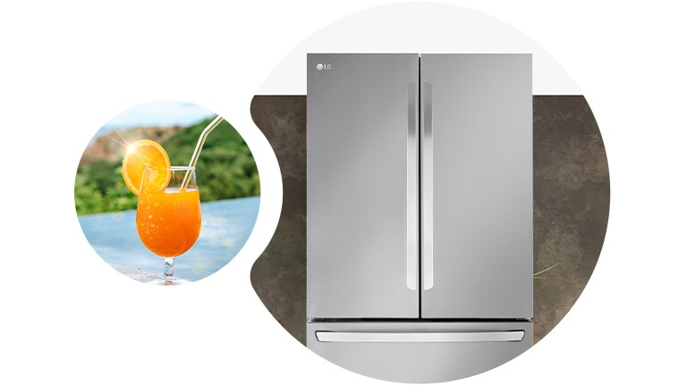 Il y a du jus d’orange dans la piscine à gauche et un réfrigérateur avec de l’air frais à droite
