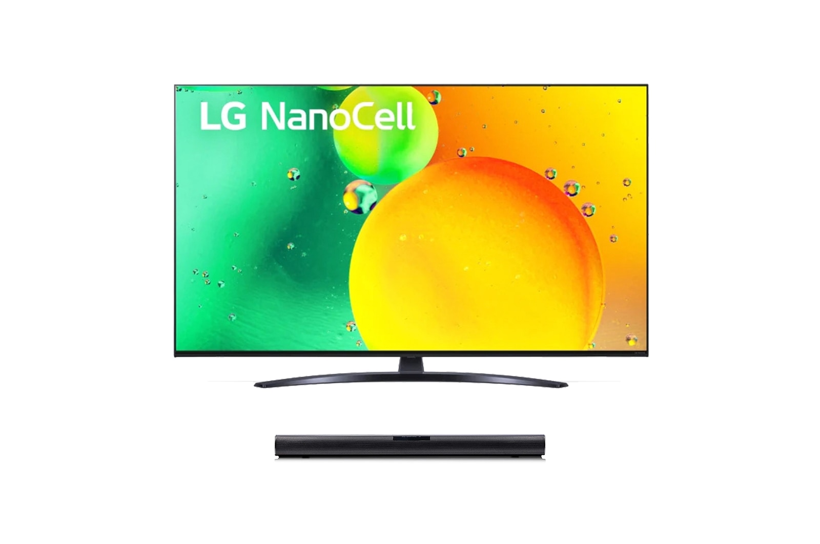 Vue de face du TV LG Nanocell, série NANO76 et de la barre de son LG SQC1