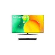 Vue de face du TV LG Nanocell, série NANO76 et de la barre de son LG SQC1