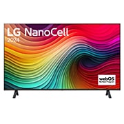 Vue de face du TV LG NanoCell, NANO80 avec le texte LG NanoCell, 2024, et le logo webOS Re:New Program à l’écran.