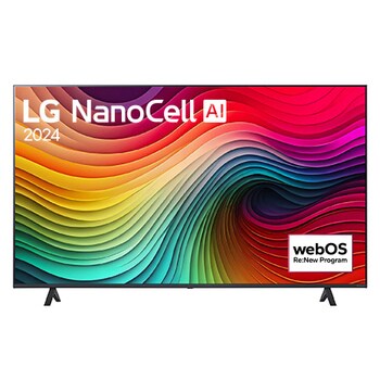 Vue de face du TV LG NanoCell, NANO80 avec le texte LG NanoCell, 2024, et le logo webOS Re:New Program à l’écran.