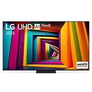 Vue de face du TV LG UHD 4K, série UT91 et de la barre de son S40T