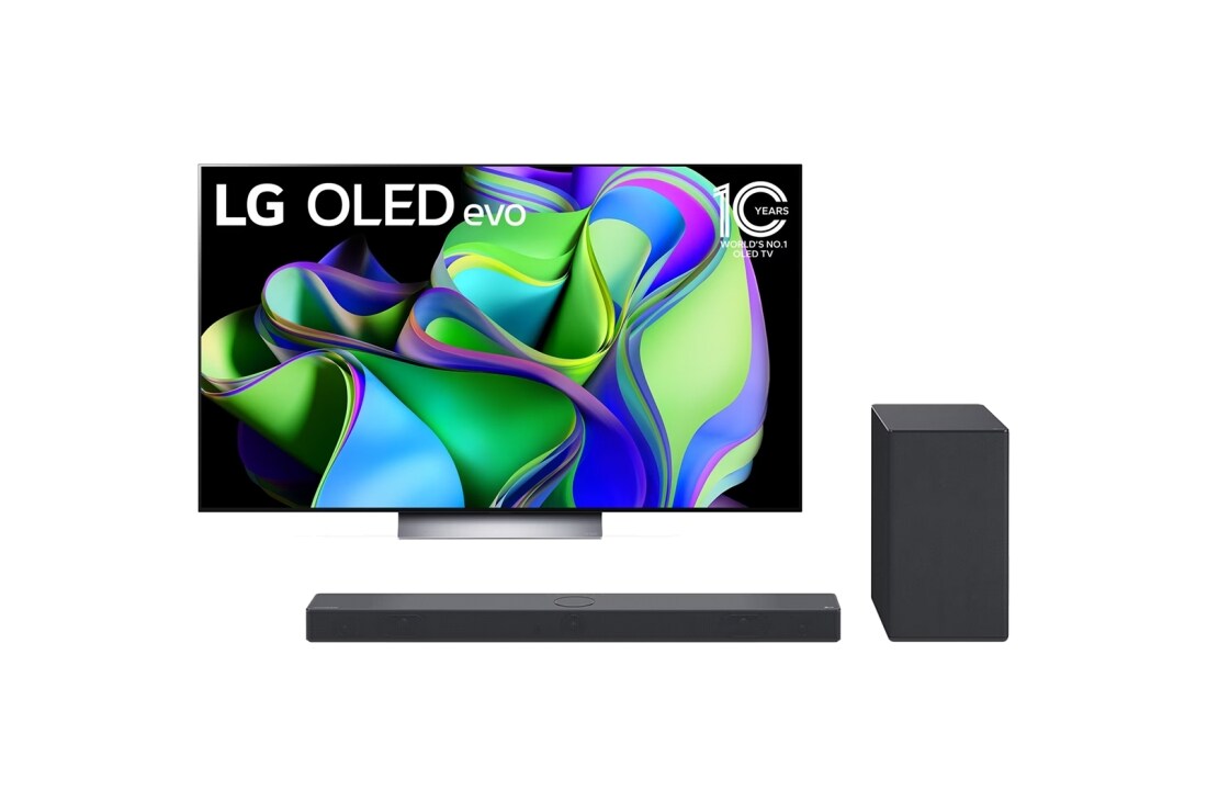 Vue de face du TV LG OLED evo, série C3 et de la barre de son LG SC9S