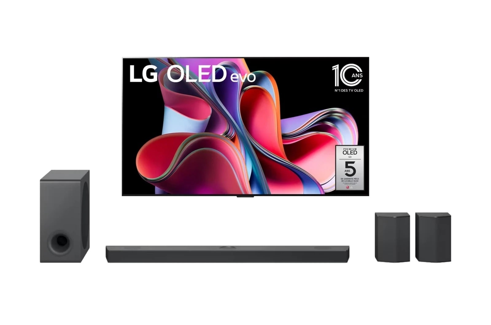 Vue de face du TV LG OLED evo, série G3 et de la barre de son LG S95QR