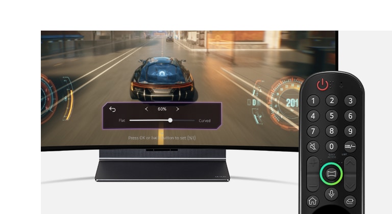 Image du LG OLED Flex dans sa position à plat avec une télécommande posée devant lui. Le bouton de courbure est surligné en vert.