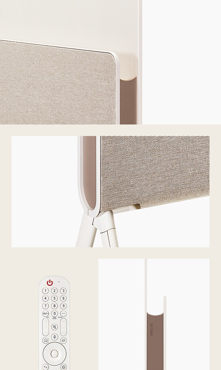 Gros plans sur l’arrière du Posé positionné en biais et sur le profil. Vue partielle de la télécommande Magic en Beige.