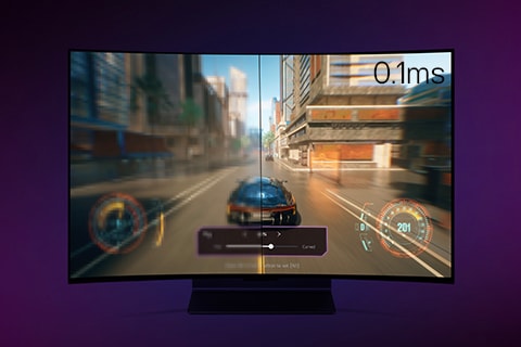 Image d’un LG OLED Flex diffusant un jeu de course. Cette image est divisée en deux avec un côté gauche flou et un côté droit clair montrant l’effet du temps de réponse 0,1.