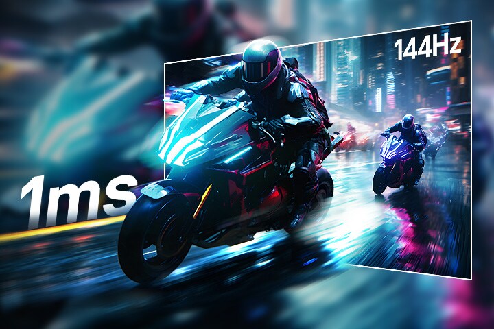 Scène d’un jeu de course avec un temps de réponse extrêmement rapide de 1ms (GtG) et un taux de rafraîchissement de 144 Hz.