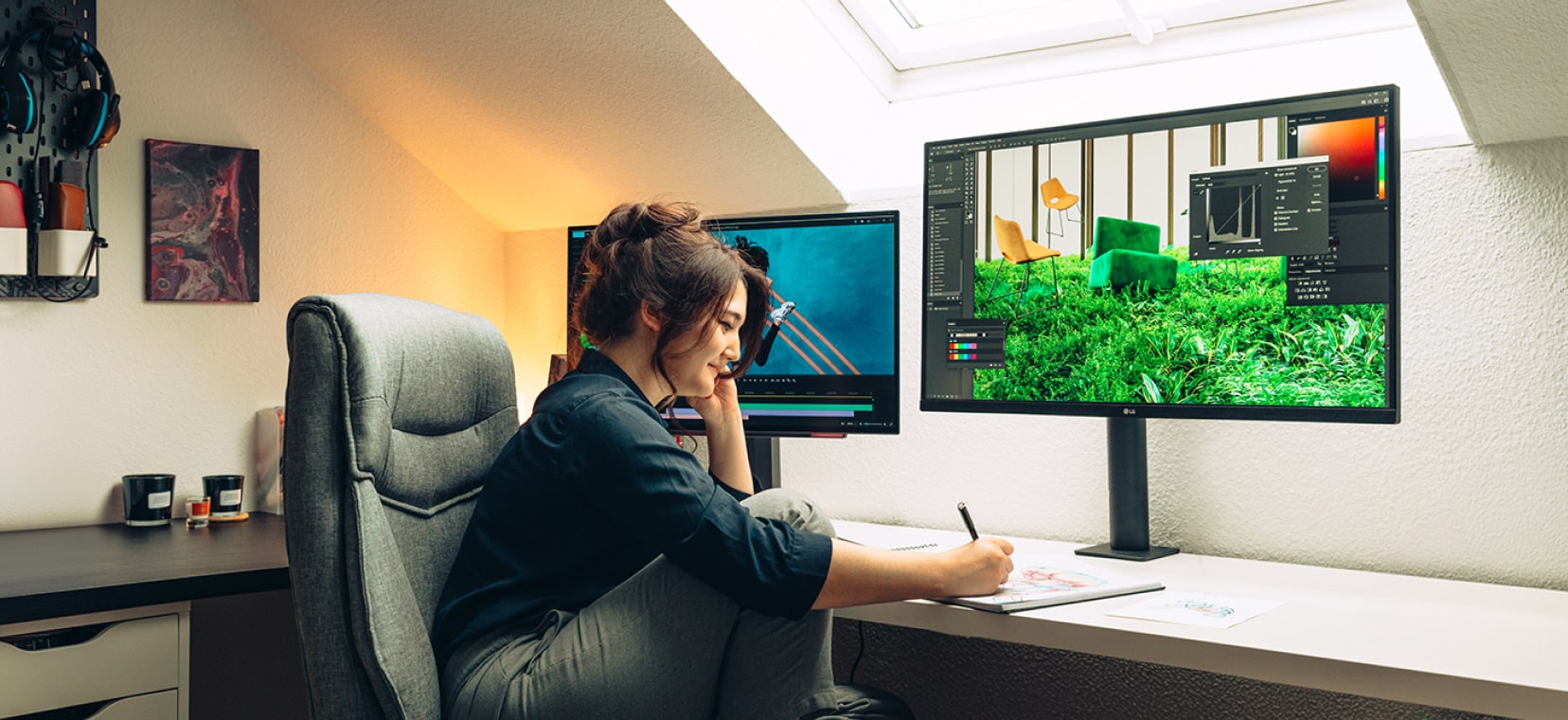 Une femme dessinant dans un bureau à domicile confortable avec deux écrans affichant un logiciel de montage et des images vibrantes de la nature.