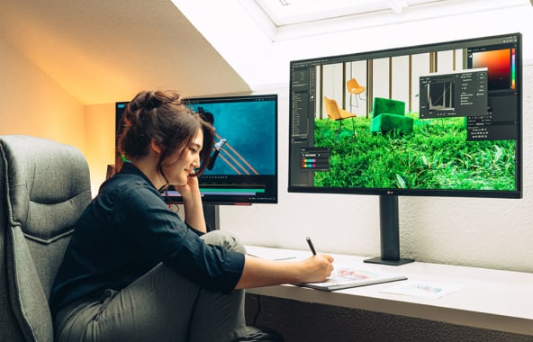 Une femme dessinant dans un bureau à domicile confortable avec deux écrans affichant un logiciel de montage et des images vibrantes de la nature.