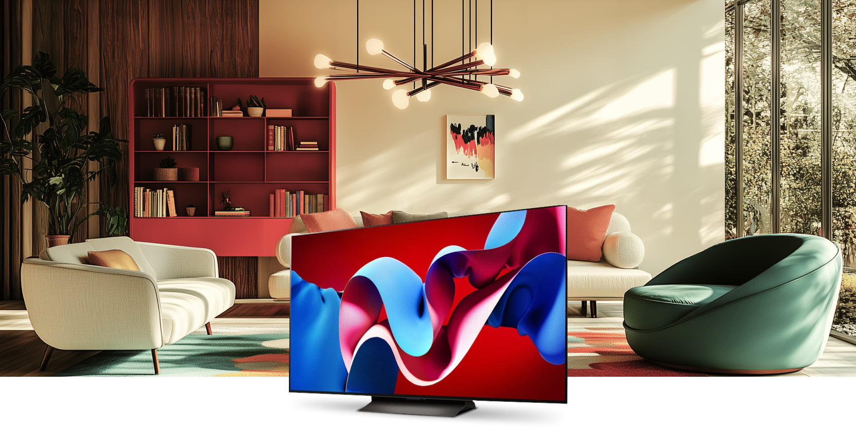 Le téléviseur LG OLED C4 est placé devant un décor intérieur moderne et confortable.