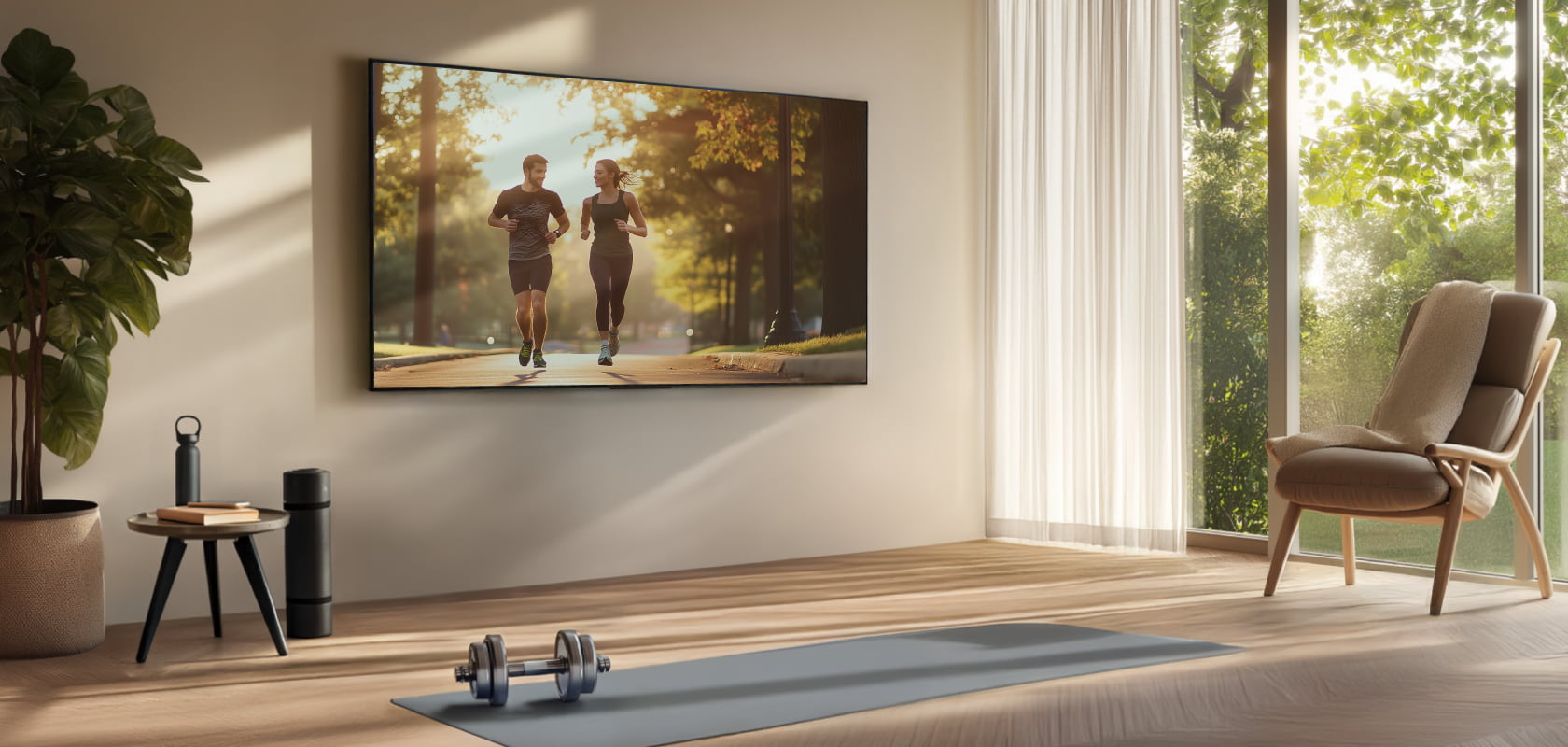 Espace lumineux avec une TV LG OLED affichant une scène de course, tapis de yoga, haltères et fauteuil près de grandes fenêtres.